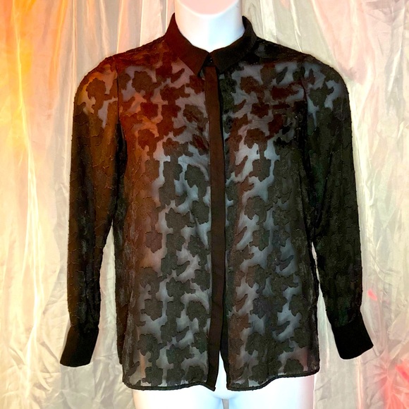 Very Cute Black Sheer Blouse w/ Flower Print! - Picture 2 of 5